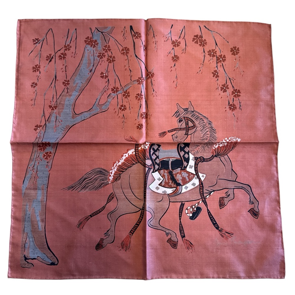 Vintage Jim Thompson rolled edge Silk Coral Brown Equestrian Neck Scarf Asian
